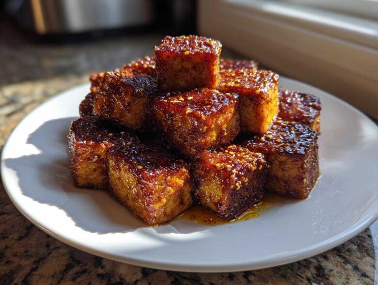 A stack of crispy Sheet Pan Crispy Honey Mustard Tofu cubes coated in a shiny glaze and sprinkled with sesame seeds.