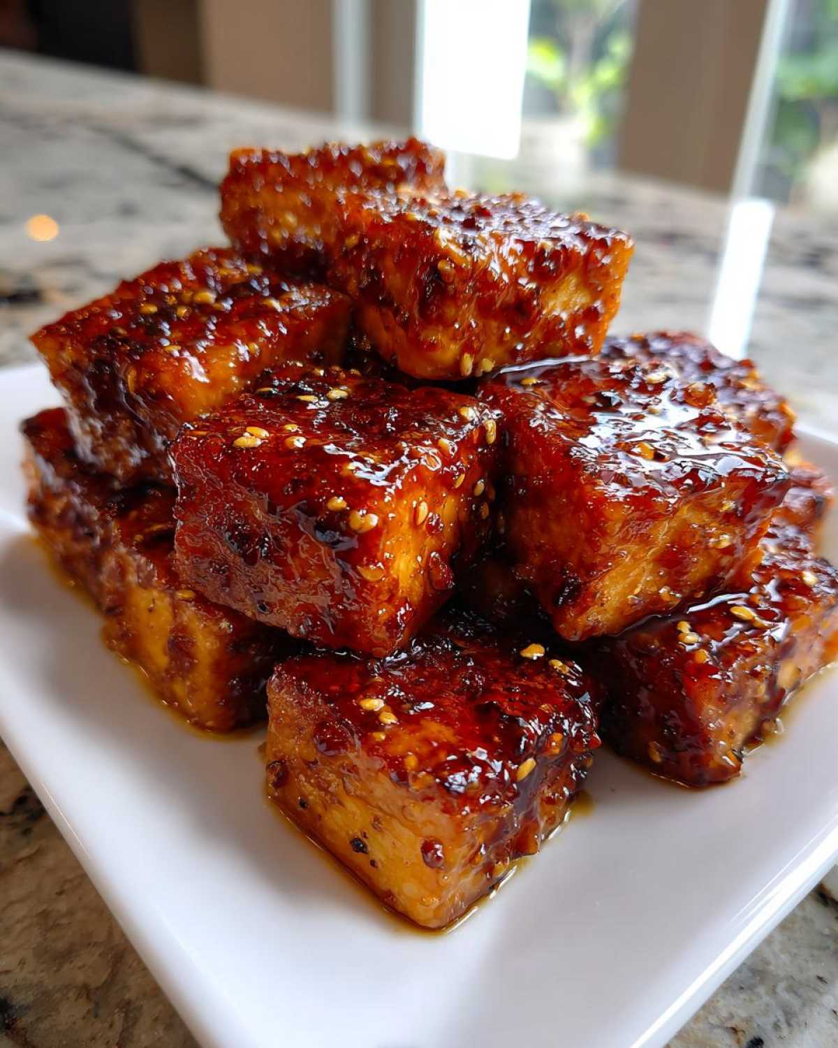 A stack of crispy, glazed tofu cubes coated in a dark honey mustard sauce and sprinkled with sesame seeds.