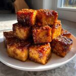 A stack of perfectly glazed, crispy Sheet Pan Crispy Honey Mustard Tofu cubes sprinkled generously with sesame seeds on a white plate.