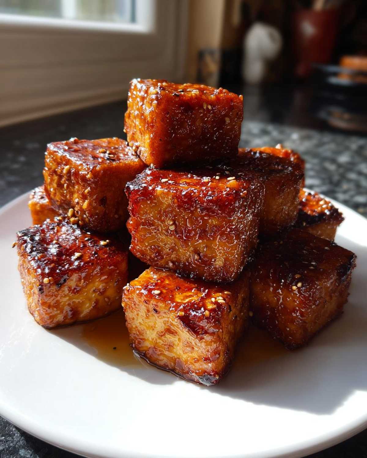 A stack of perfectly caramelized Sheet Pan Crispy Honey Mustard Tofu cubes, glistening with glaze and sprinkled with sesame seeds.