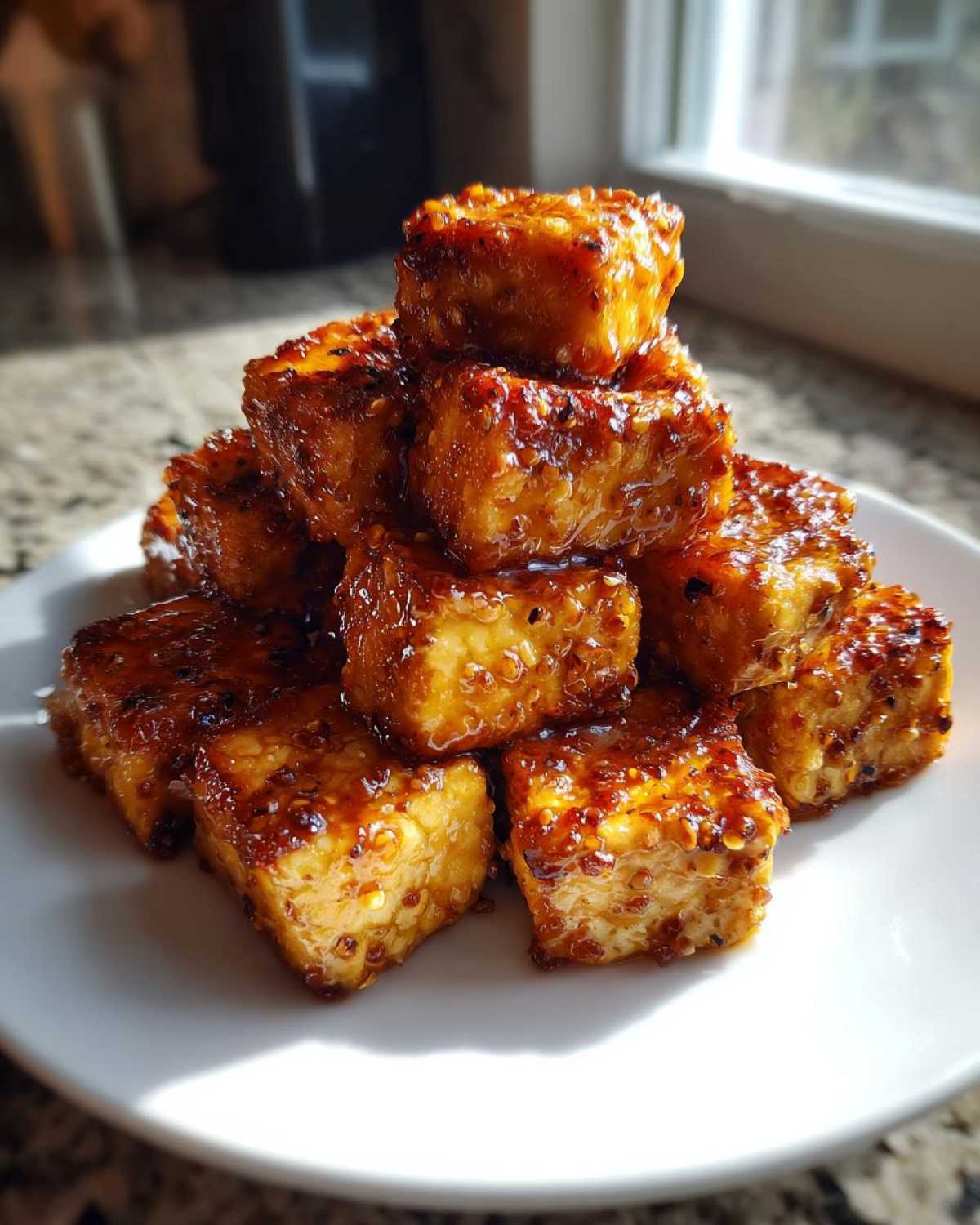 A stack of golden brown, glazed Sheet Pan Crispy Honey Mustard Tofu cubes piled on a white plate.