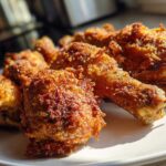 Close-up of several golden brown, crispy Sheet Pan Crispy Ranch Chicken Drumsticks piled on a white plate.