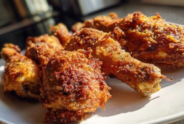 Close-up of several golden brown, crispy Sheet Pan Crispy Ranch Chicken Drumsticks piled on a white plate.