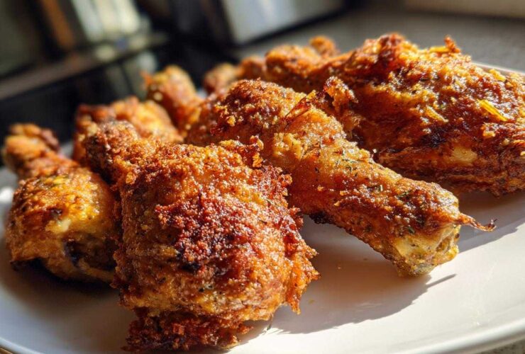 Close-up of several golden brown, crispy Sheet Pan Crispy Ranch Chicken Drumsticks piled on a white plate.