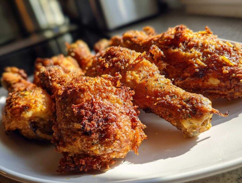 Close-up of several golden brown, crispy Sheet Pan Crispy Ranch Chicken Drumsticks piled on a white plate.