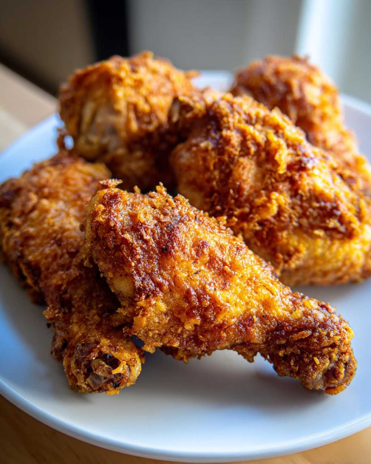 Close-up of several golden brown, crispy Sheet Pan Crispy Ranch Chicken Drumsticks piled on a white plate.