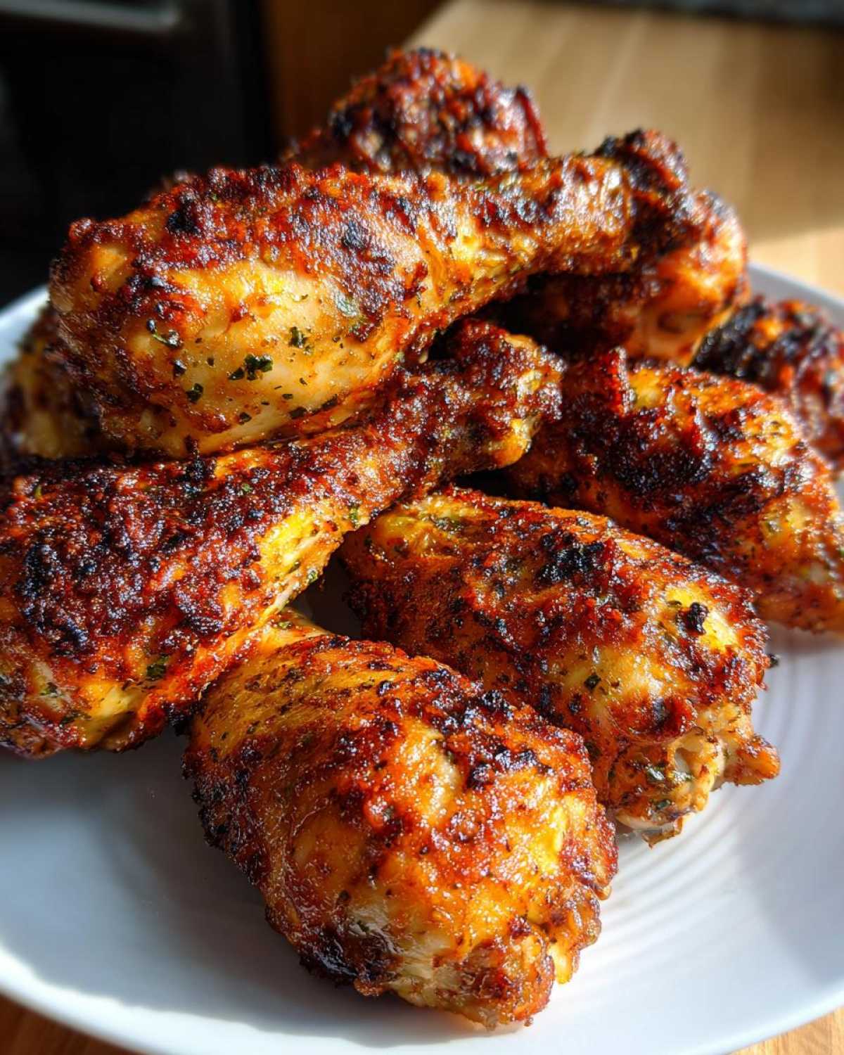A close-up pile of perfectly cooked Sheet Pan Crispy Ranch Chicken Drumsticks with a dark, seasoned crust.