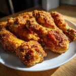 A plate piled high with golden brown, crispy Sheet Pan Crispy Ranch Chicken Drumsticks, beautifully lit by sunlight.
