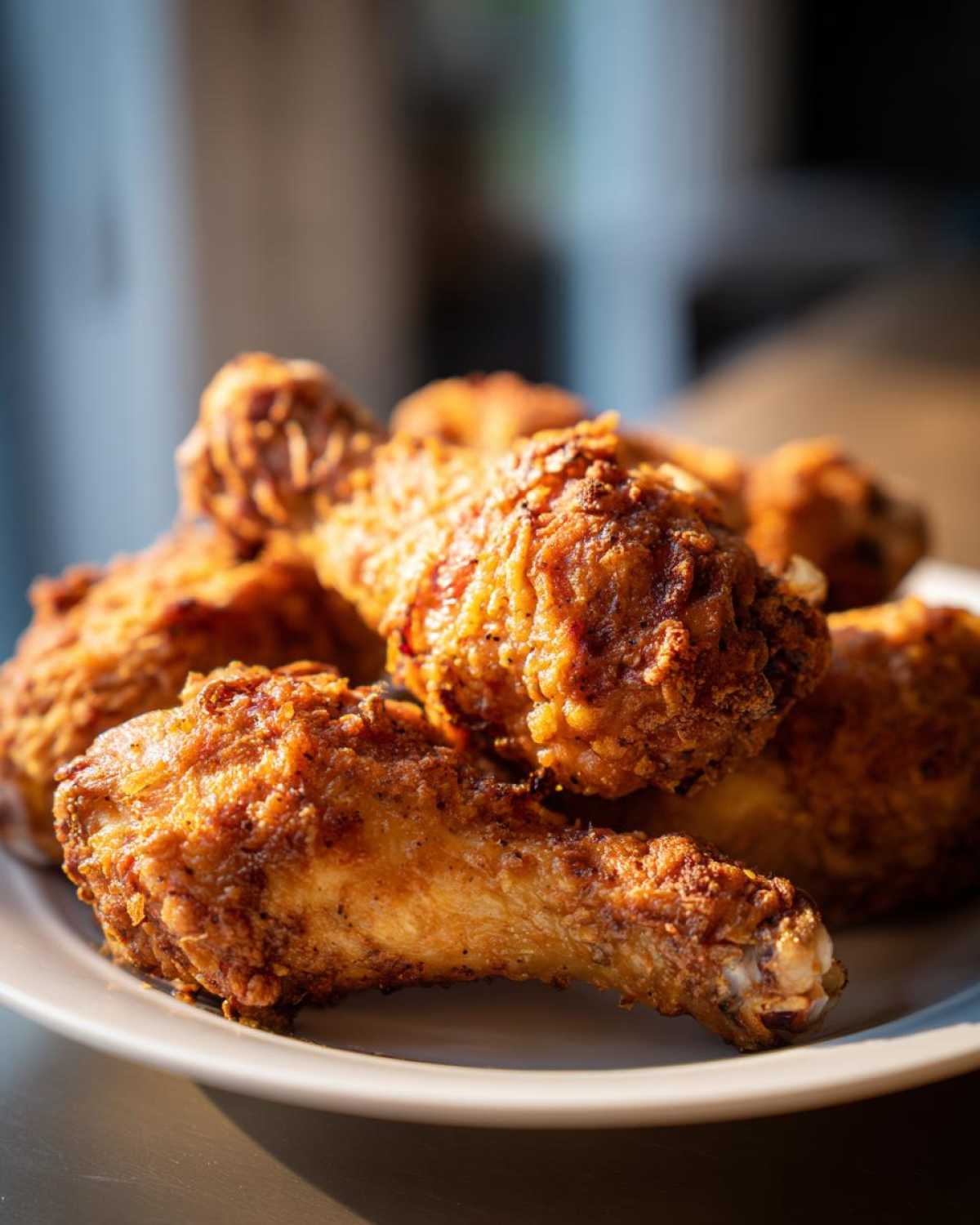 Close-up of several golden brown, crispy Sheet Pan Crispy Ranch Chicken Drumsticks piled on a white plate.
