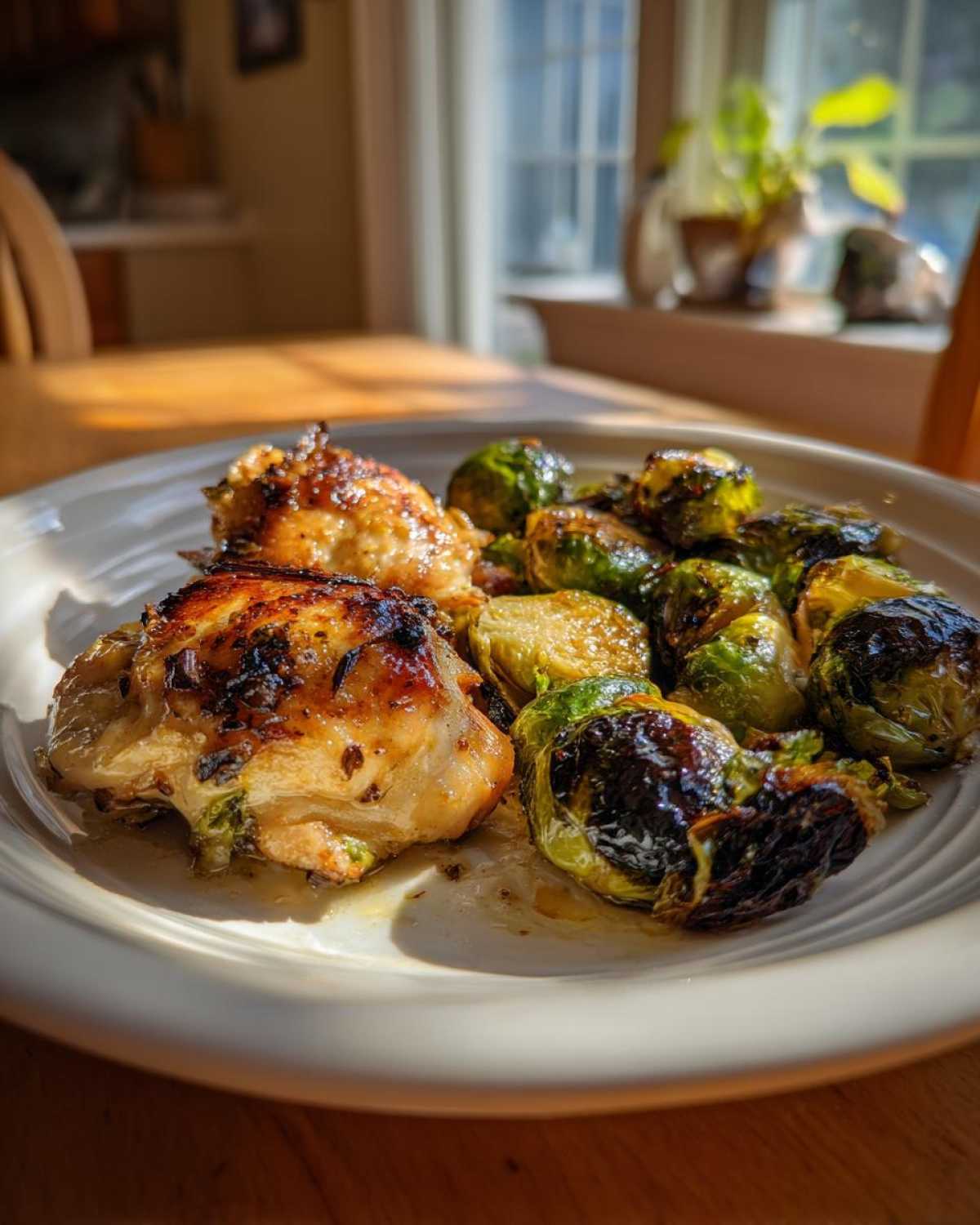 A plated serving of Sheet Pan Garlic Butter Chicken and Brussels Sprouts glistening in natural light.
