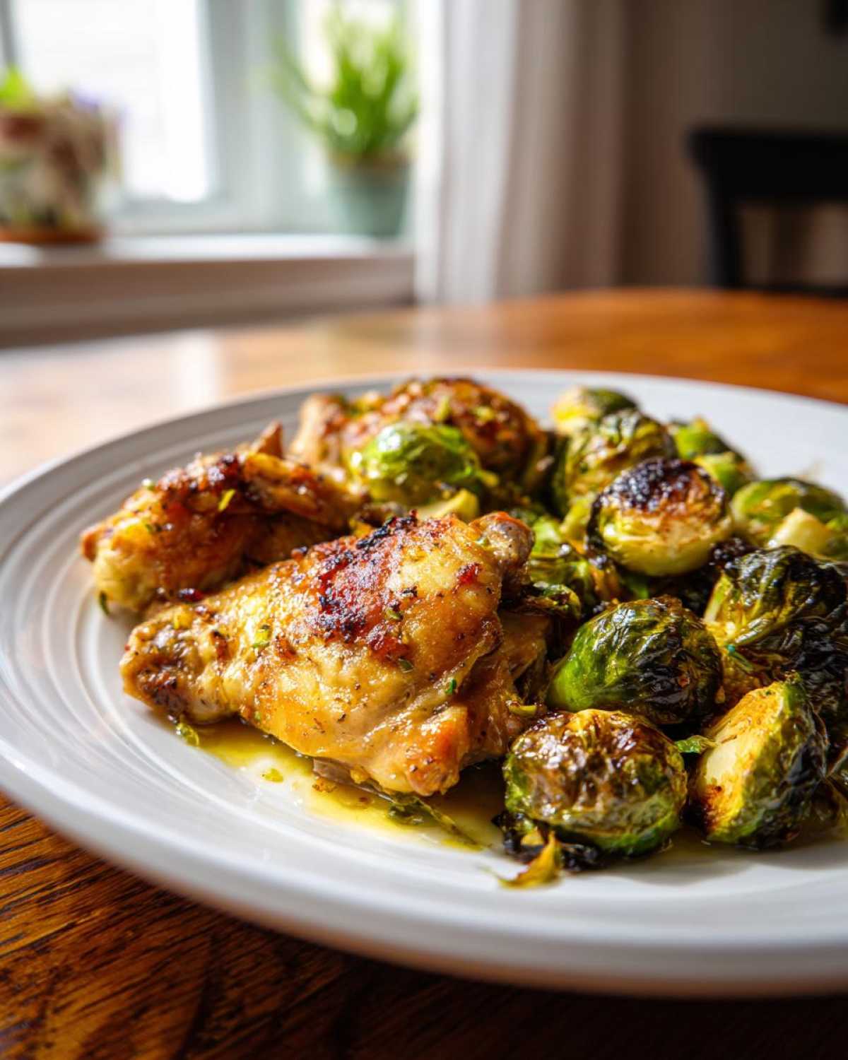 Close-up of roasted chicken pieces and caramelized Brussels sprouts from the Sheet Pan Garlic Butter Chicken and Brussels Sprouts recipe.