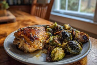 A serving of crispy Sheet Pan Garlic Butter Chicken and Brussels Sprouts on a light gray plate.