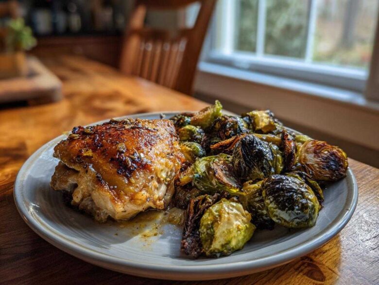 A serving of crispy Sheet Pan Garlic Butter Chicken and Brussels Sprouts on a light gray plate.
