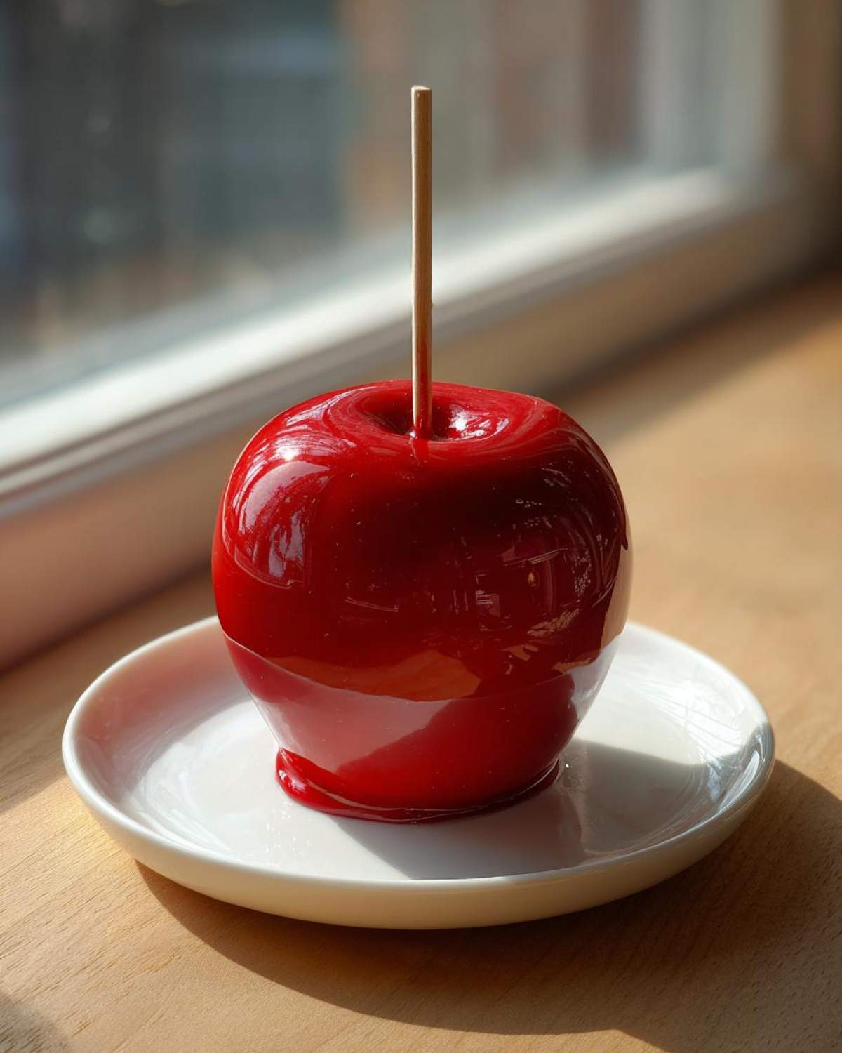 A single, perfectly glazed, bright red candy apple on a wooden surface, resting on a small white saucer.