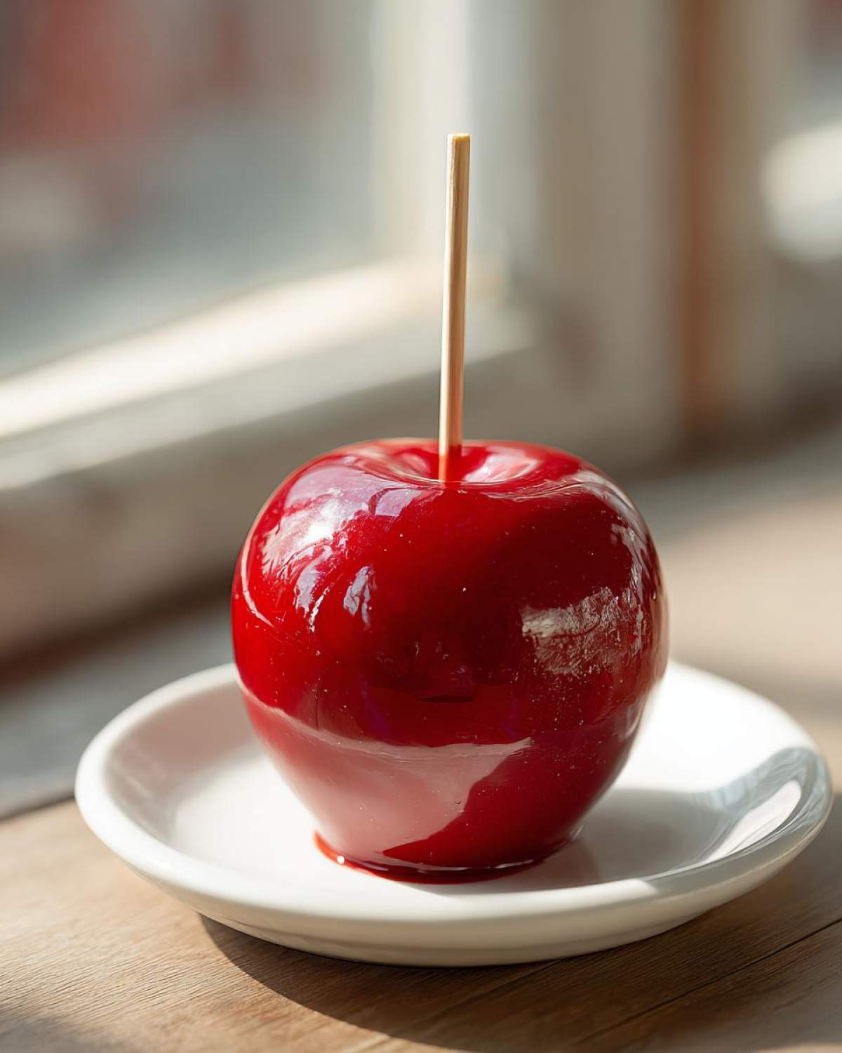 A single, glossy red candy apple with a wooden stick inserted, resting on a small white saucer.