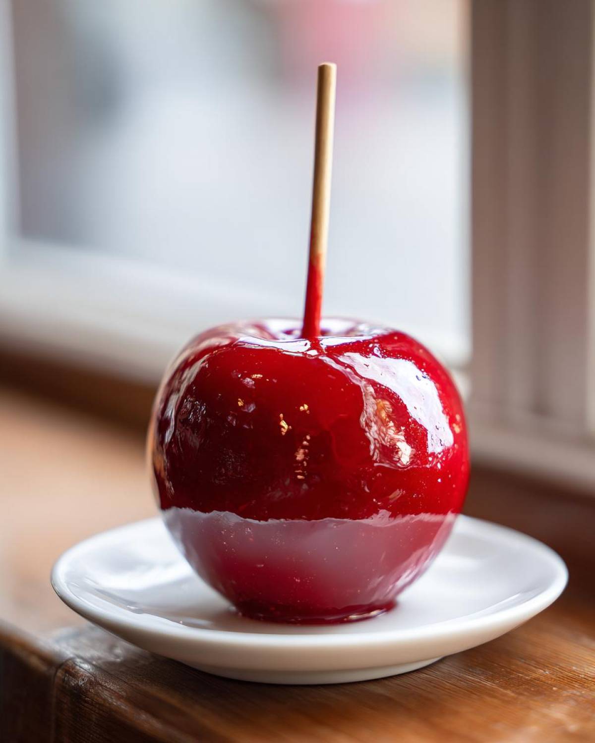 A single, glossy red candy apple on a stick, resting on a small white saucer near a window.