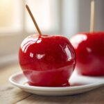 Close-up of a perfectly coated, shiny red candy apples on a small white plate, ready to eat.
