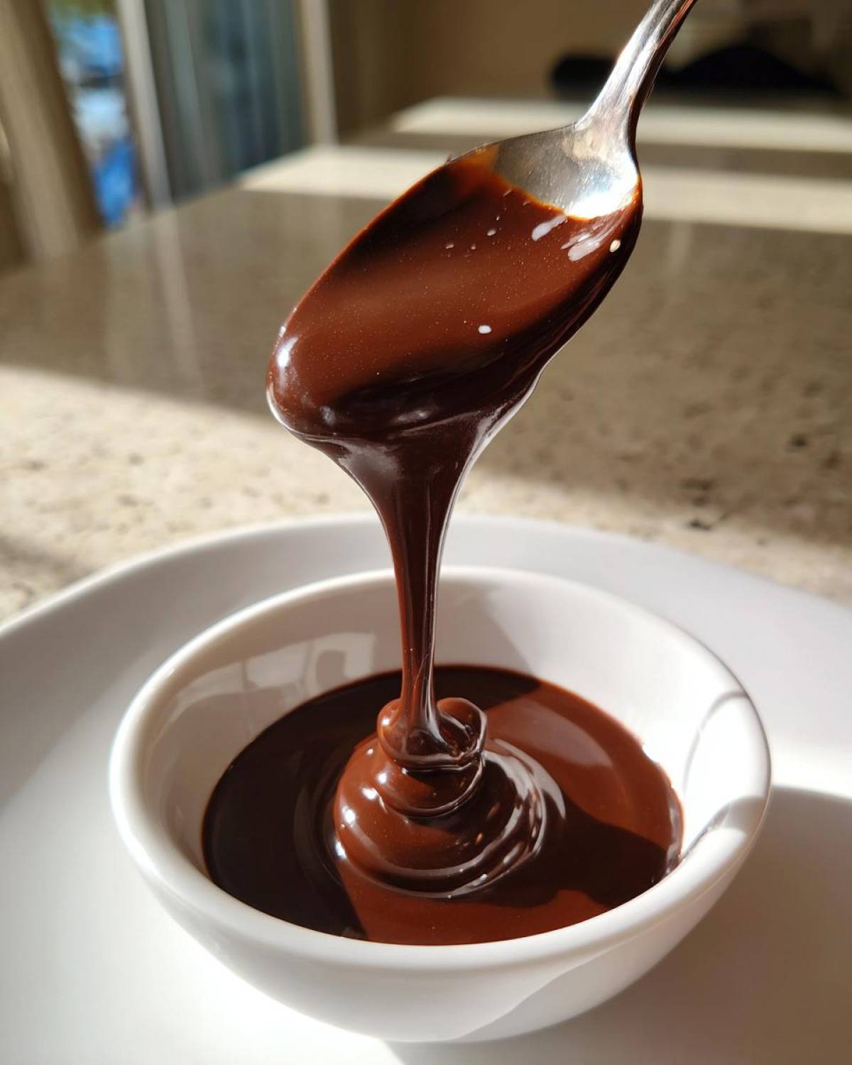 A spoonful of silky chocolate ganache is being poured back into a small white bowl, showing its smooth, rich texture.