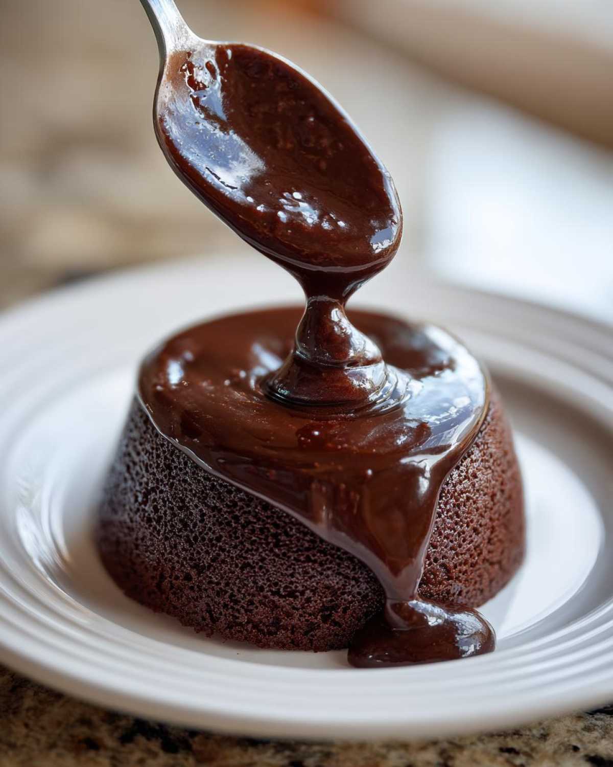 A spoonful of glossy chocolate ganache is being poured over a small, dark chocolate cake.