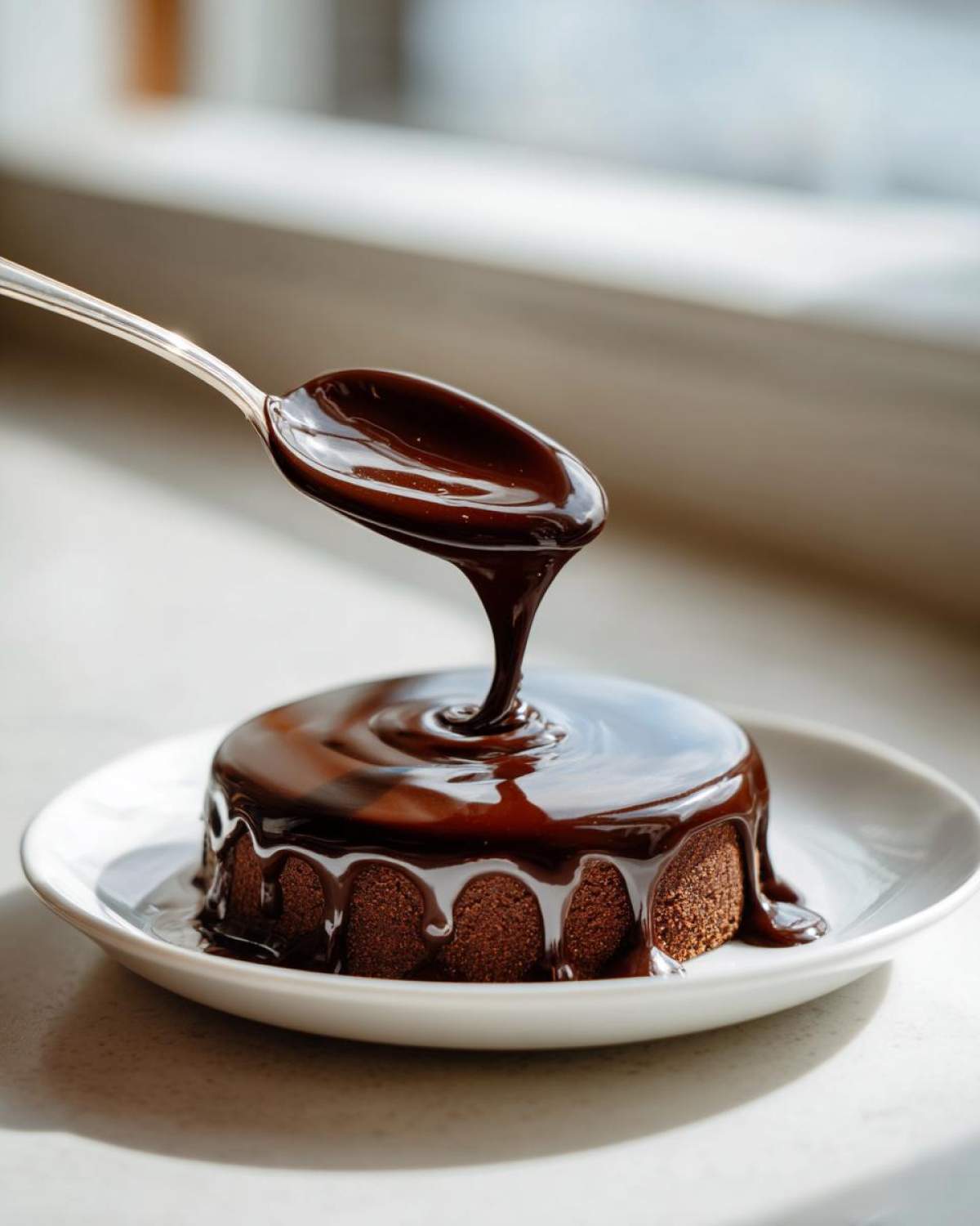 A spoon pours rich, glossy chocolate ganache over a small, round chocolate cake sitting on a white plate.