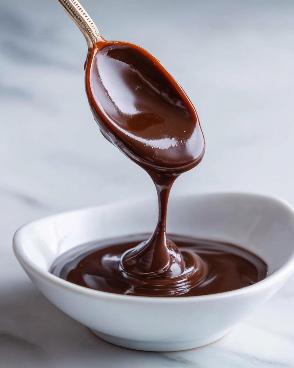 Close-up of silky chocolate ganache dripping from a decorative spoon back into a white bowl.