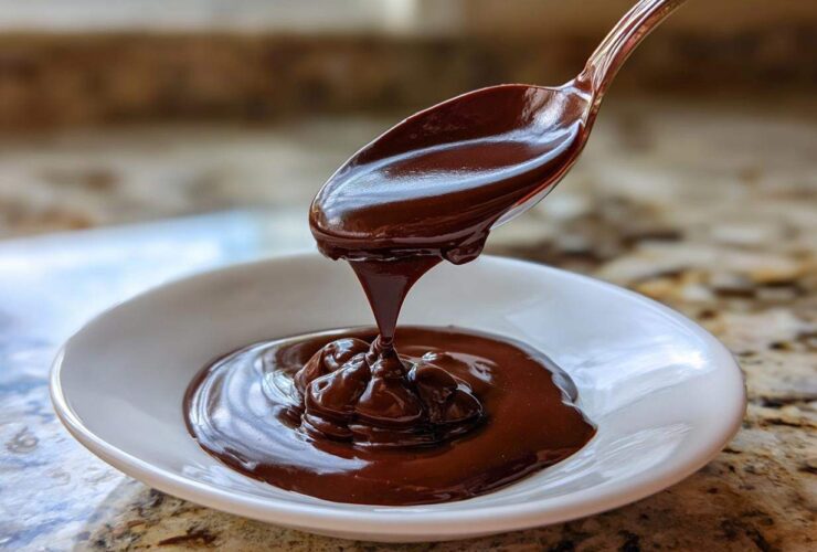 A spoonful of rich, glossy chocolate ganache drips back into a small white bowl.