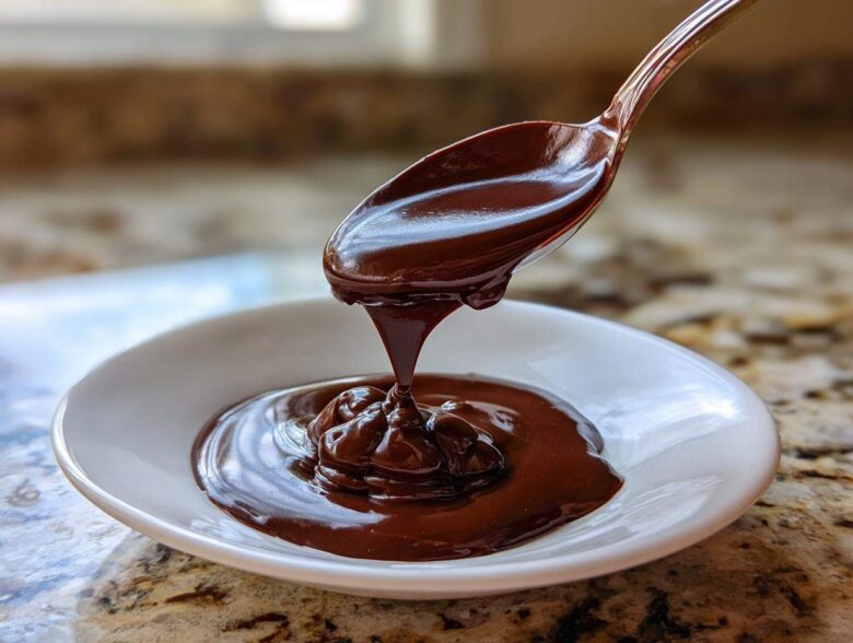 A spoonful of rich, glossy chocolate ganache drips back into a small white bowl.