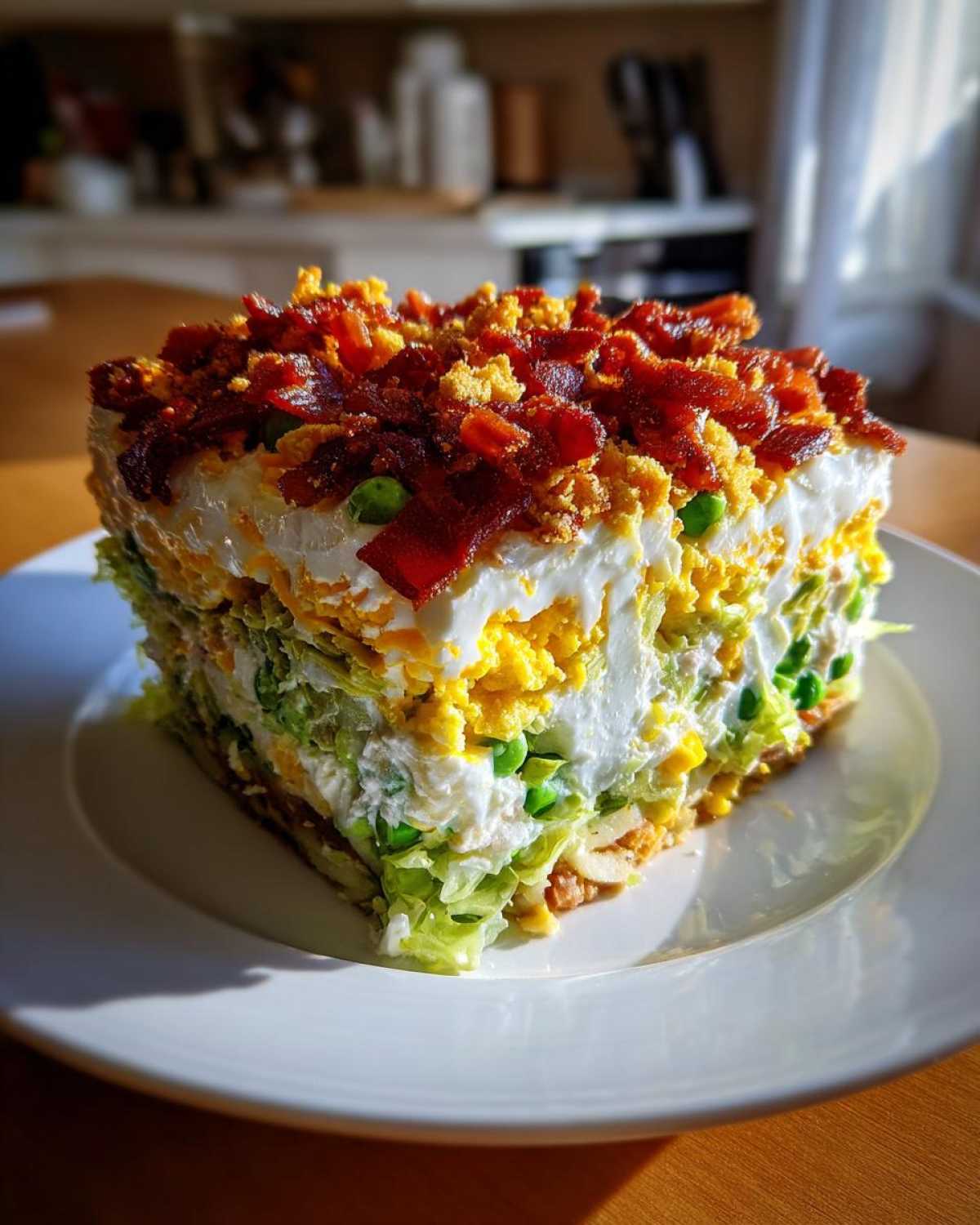 A tall, square slice of 7 layer salad showing distinct layers of lettuce, peas, egg, and creamy dressing, topped with bacon.