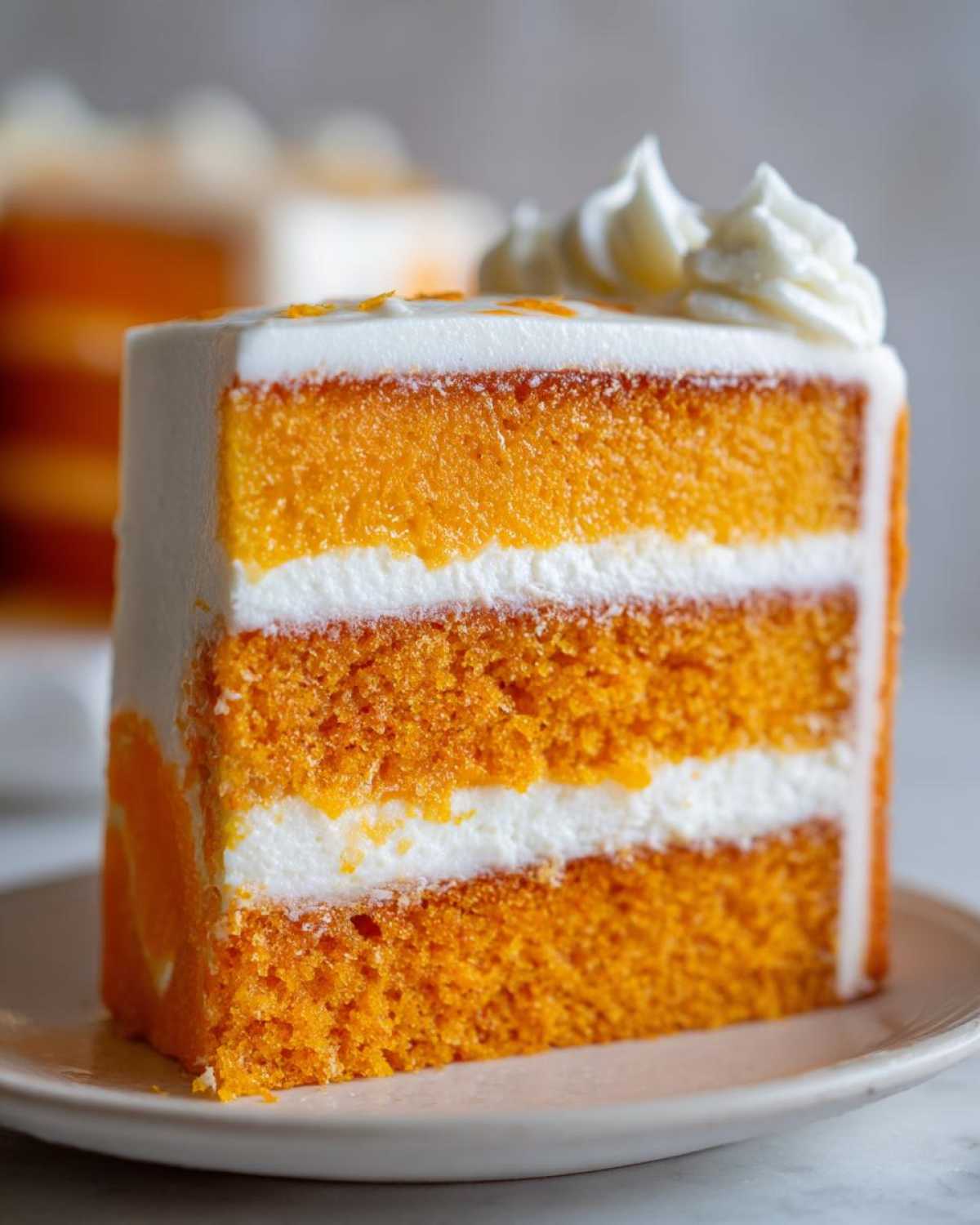 Close-up of a tall slice of Creamsicle Cake showing three vibrant orange layers separated by white frosting.