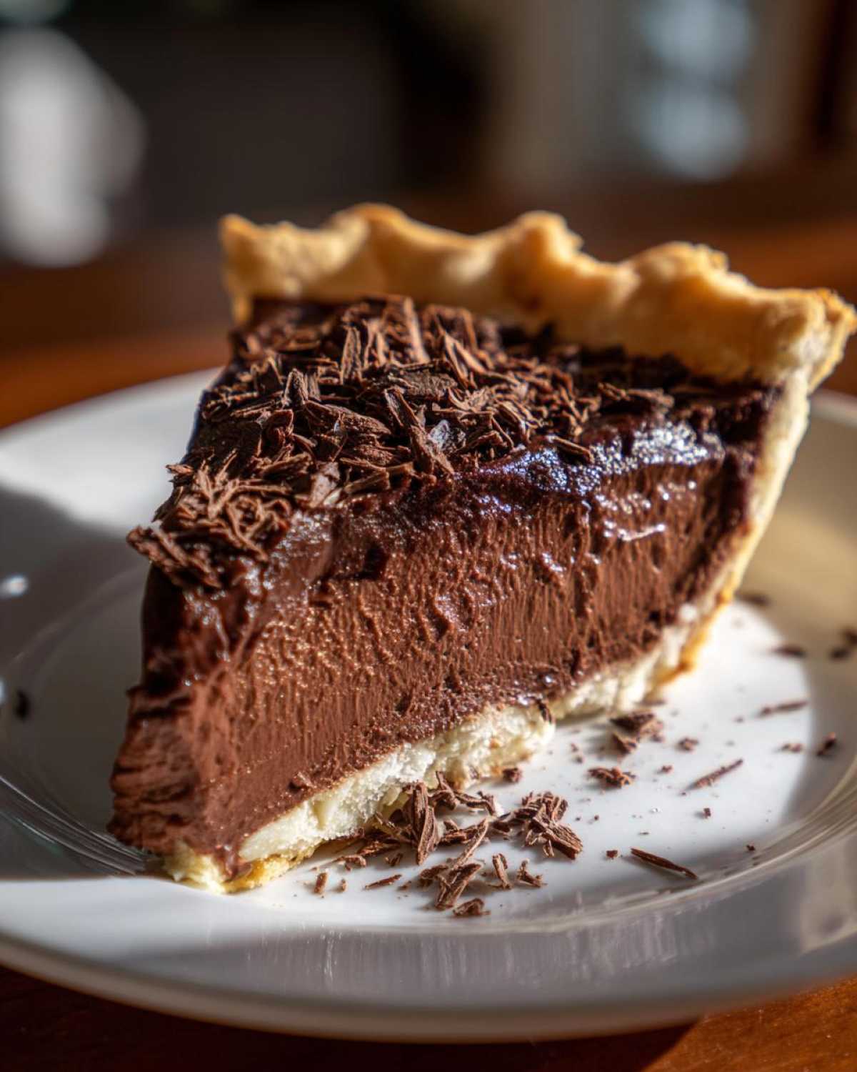 A close-up of a decadent slice of french silk pie showing the thick, creamy chocolate filling and flaky crust, topped with chocolate shavings.
