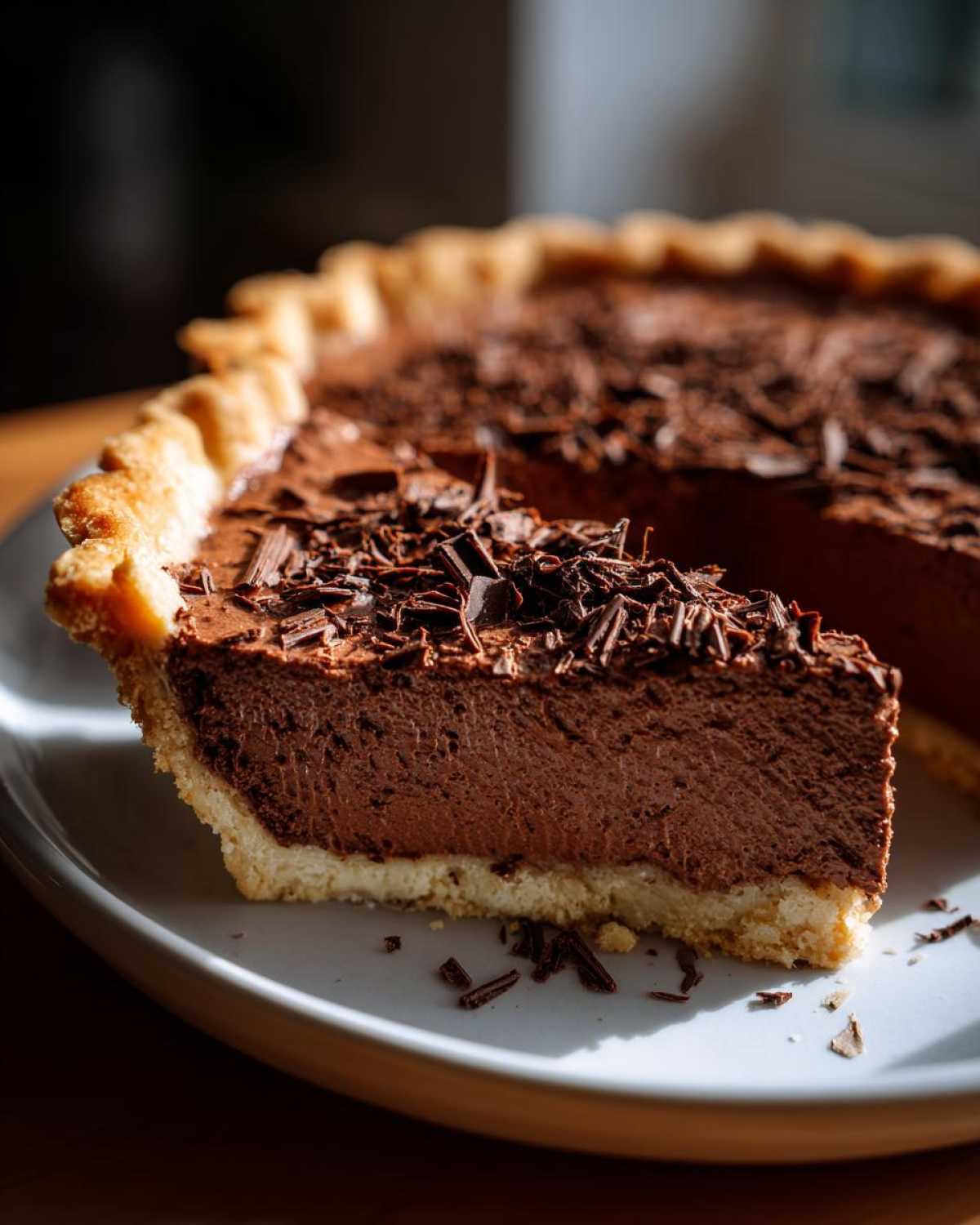 A close-up of a thick slice of decadent french silk pie showing the creamy chocolate filling and flaky crust, topped with chocolate shavings.