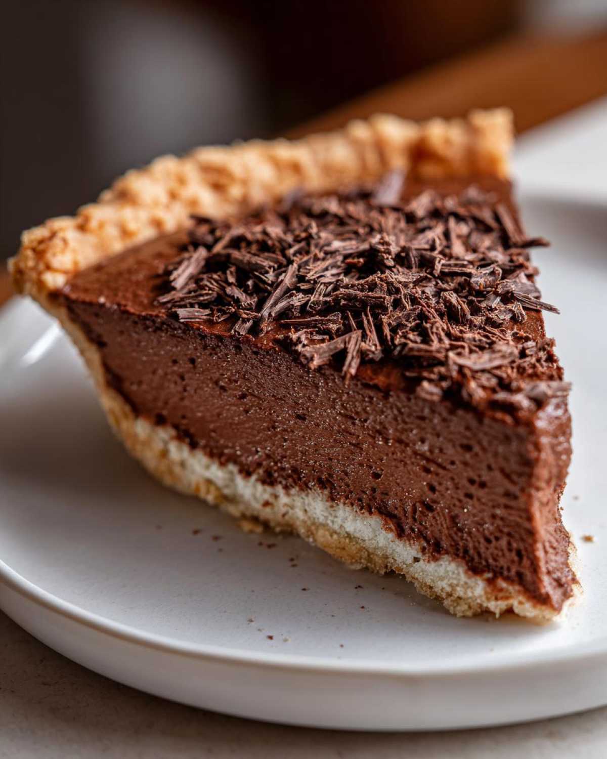 A close-up of a decadent slice of french silk pie with a thick chocolate filling and shaved chocolate topping.