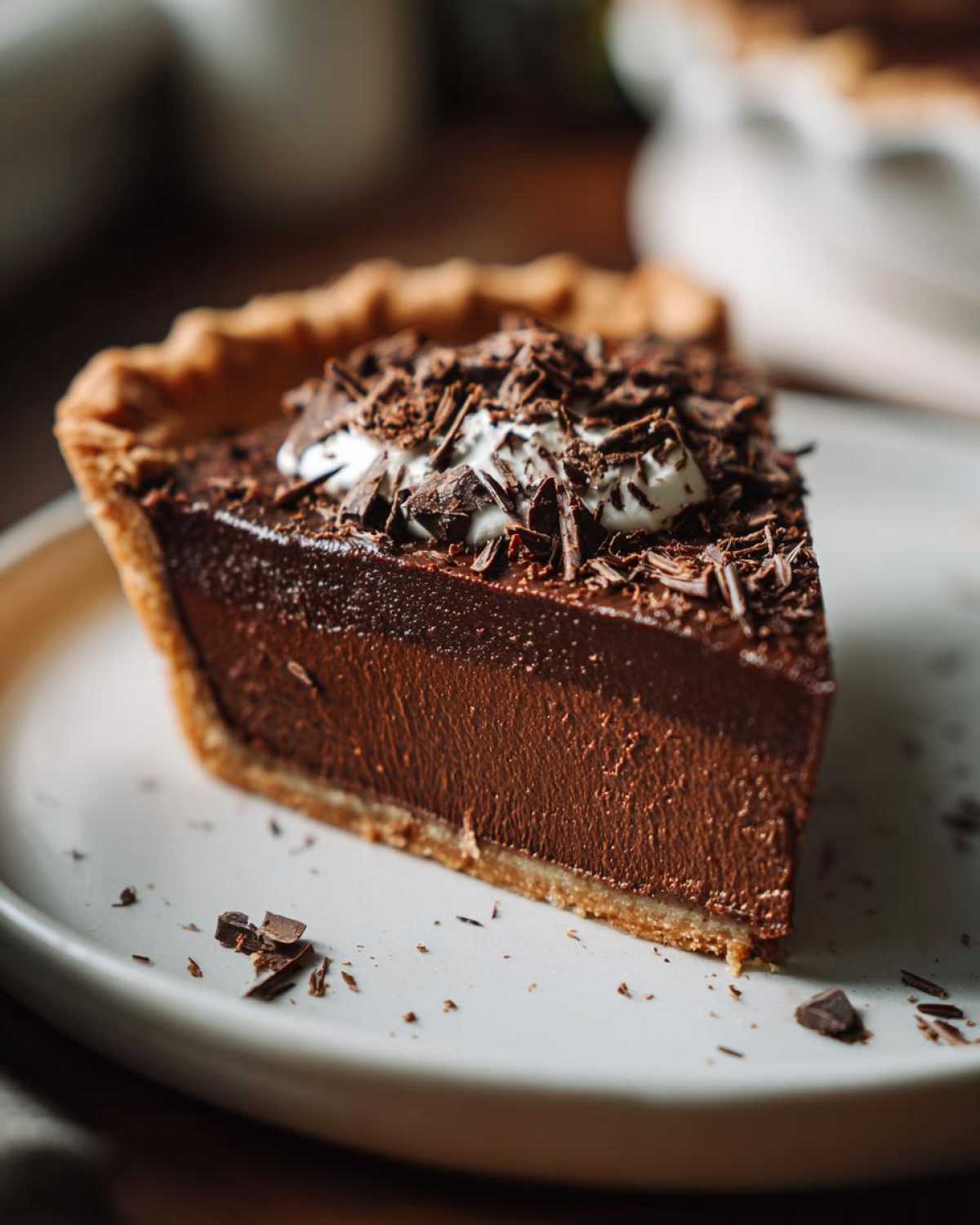 A decadent slice of french silk pie showing its thick, smooth chocolate filling, topped with whipped cream and dark chocolate shavings.
