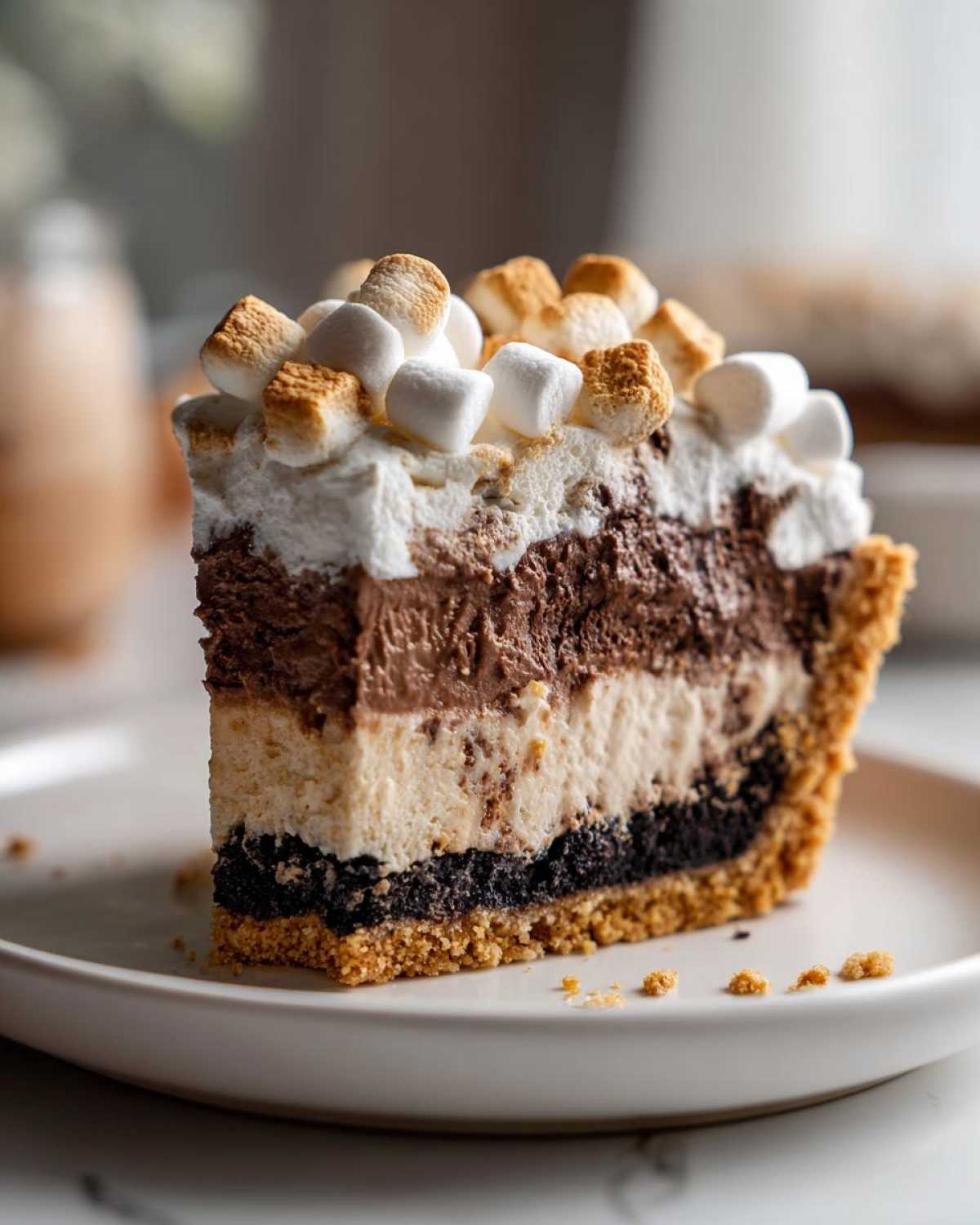 A decadent slice of Mississippi Mud Pie showing four distinct layers, topped with whipped cream and toasted marshmallows.