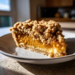 A close-up of a delicious slice of pumpkin crisp featuring a creamy orange filling and thick, buttery crumble topping.