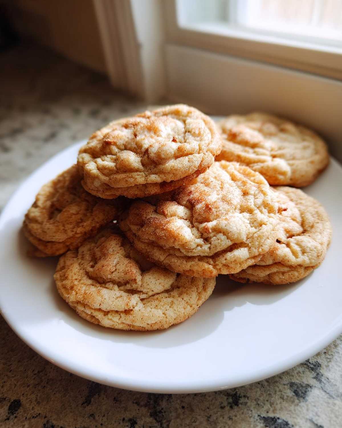 A stack of soft, crinkled cake mix cookies dusted with cinnamon sugar on a white plate.