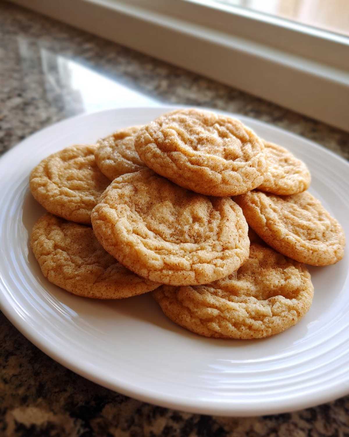 A stack of soft, crinkled cake mix cookies dusted with cinnamon sugar on a white plate.