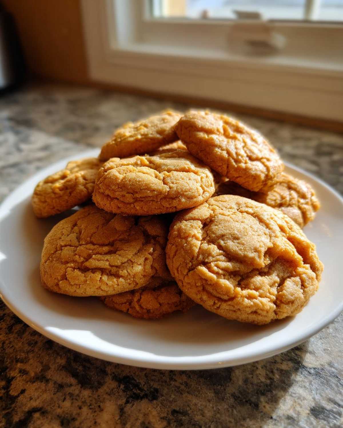 A stack of golden brown, soft cake mix cookies piled high on a white plate near a sunlit window.