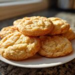 A stack of soft cake mix cookies with cracked tops piled on a white plate, illuminated by bright sunlight.