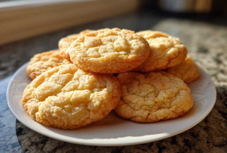 A stack of soft cake mix cookies with cracked tops piled on a white plate, illuminated by bright sunlight.