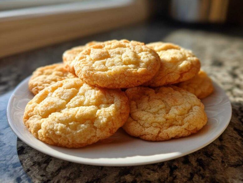 A stack of soft cake mix cookies with cracked tops piled on a white plate, illuminated by bright sunlight.
