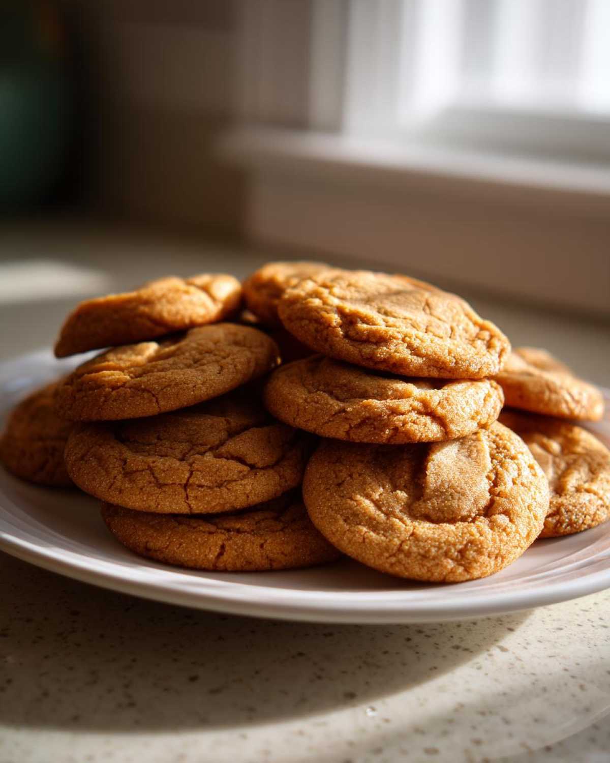 A pile of freshly baked, soft cake mix cookies stacked on a white plate, illuminated by natural light.