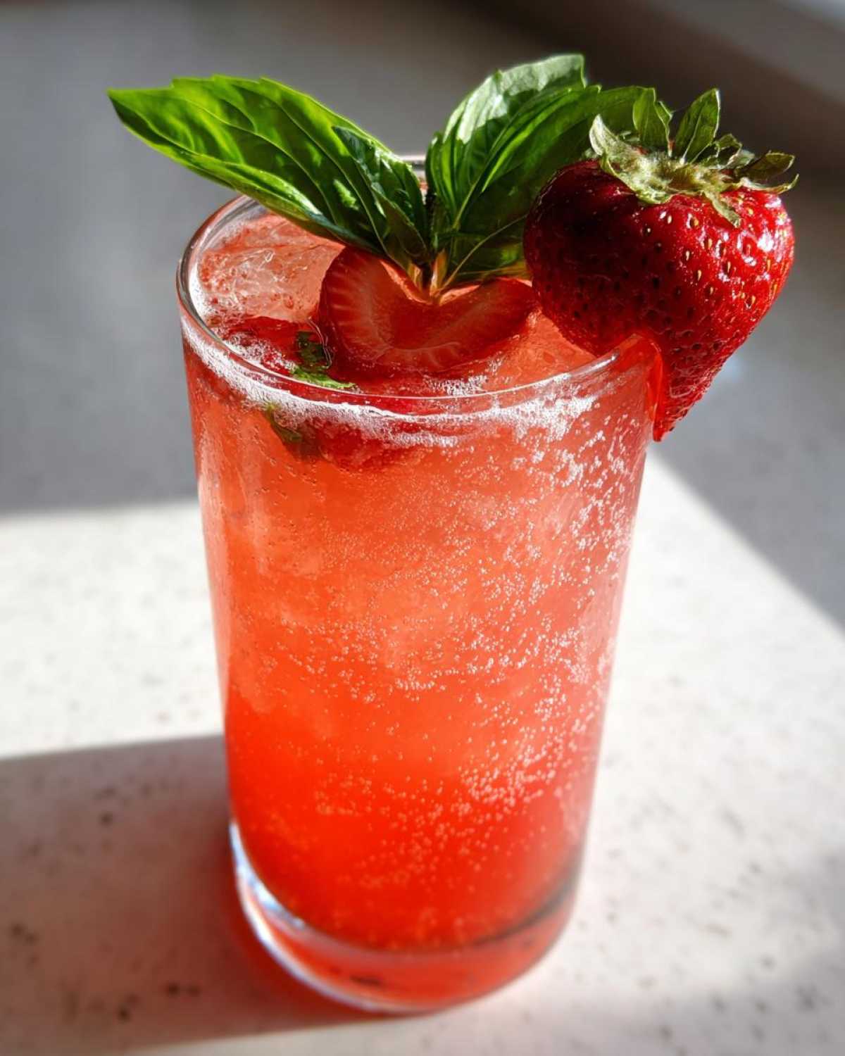A tall glass filled with bright red Sparkling Strawberry Basil Lemonade, garnished with fresh basil leaves and a whole strawberry.