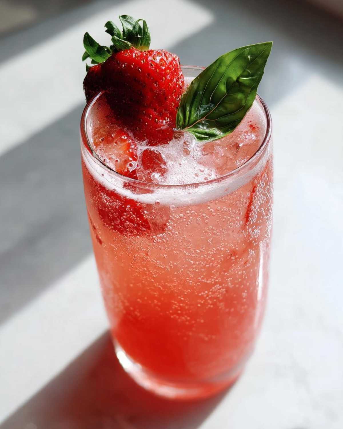 Close-up of a tall glass filled with pink Sparkling Strawberry Basil Lemonade, garnished with a fresh strawberry and basil leaf.