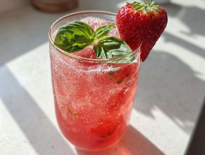 A tall glass filled with bright pink Sparkling Strawberry Basil Lemonade, garnished with fresh basil leaves and a whole strawberry.
