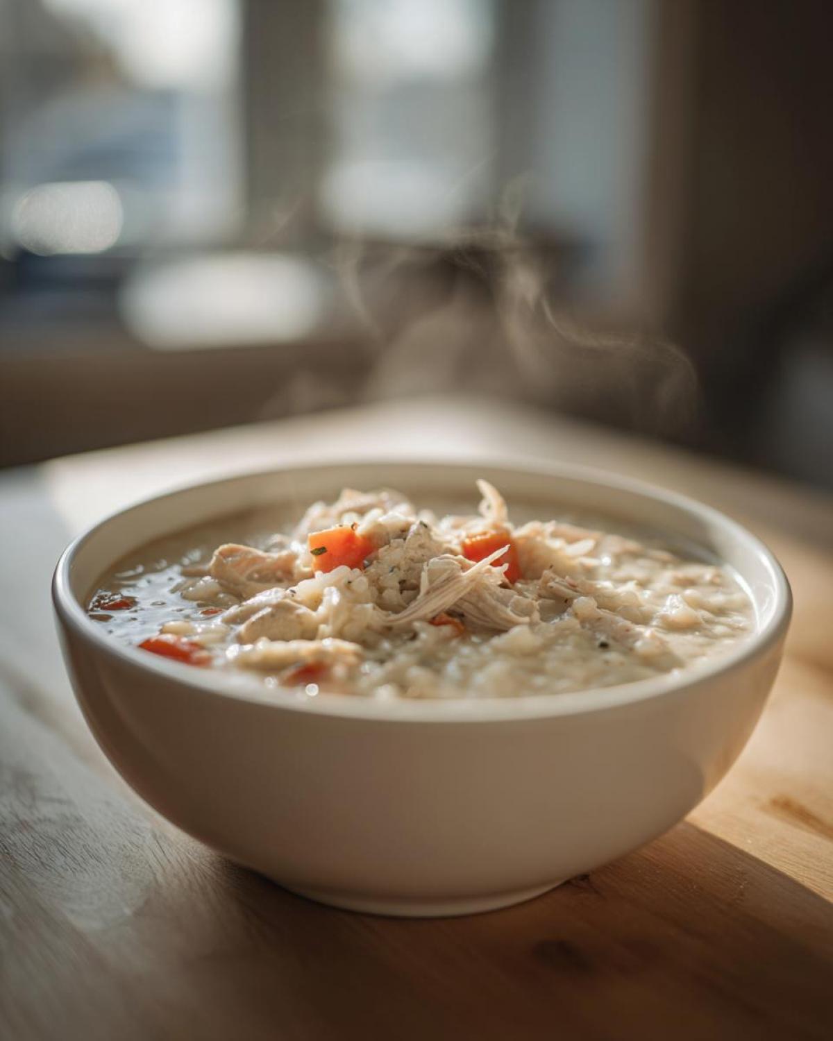 A close-up of a steaming white bowl filled with creamy chicken and rice soup, featuring shredded chicken and carrots.