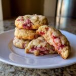 A stack of soft strawberry cheesecake cookies with one cookie broken in half showing the gooey strawberry filling.