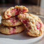 A stack of soft, pale strawberry cheesecake cookies with bright pink strawberry swirls visible inside, one cookie broken open.