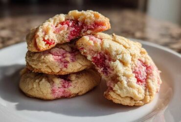 A stack of soft, pale strawberry cheesecake cookies with bright pink strawberry swirls visible inside, one cookie broken open.