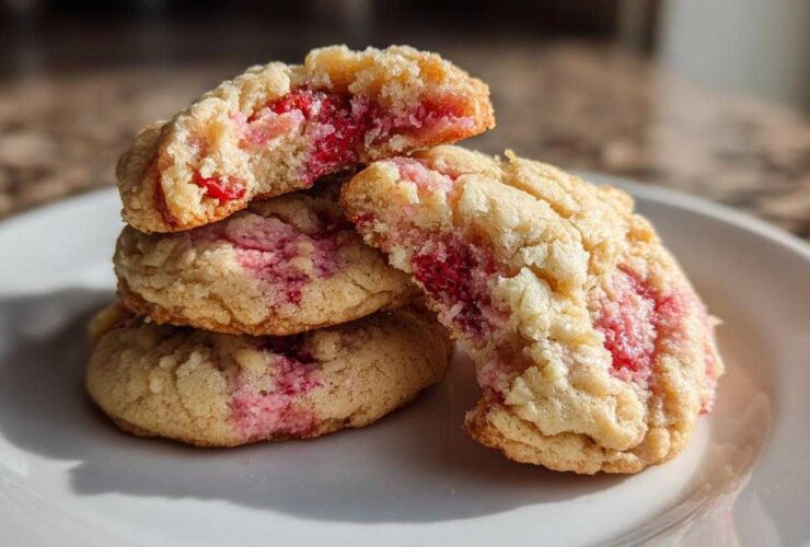 A stack of soft, pale strawberry cheesecake cookies with bright pink strawberry swirls visible inside, one cookie broken open.